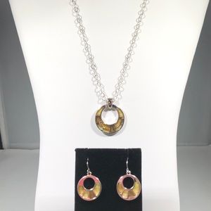 NECKLACE & EARRING SET: SILVER-TONE with GOLDEN COLORED INSETS.